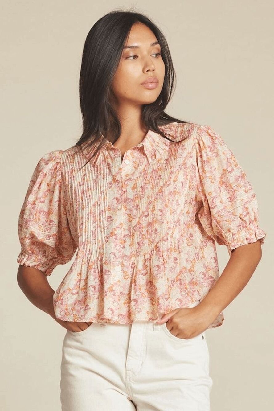Trovata Birds of Paradis Jess Pink Currant Floral Blouse Women's Size XS